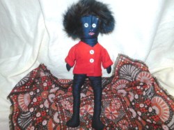 16" BLACK GOLLIWOG COTTON BODY DOLL, EMBROIDERED FACE, FUR HAIR, RED FELT JACKET